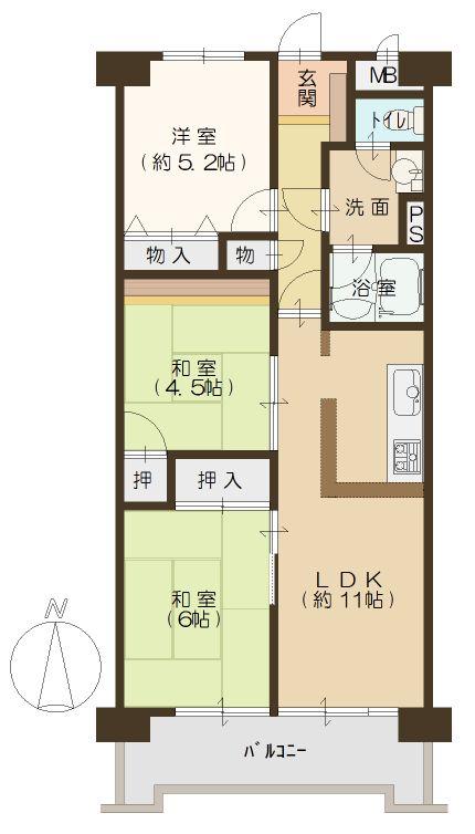 Floor plan. 3LDK, Price 16,900,000 yen, Footprint 61.6 sq m , Balcony area 8.7 sq m floor plan
