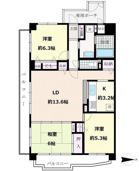 Floor plan. 3LDK, Price 27 million yen, Occupied area 87.06 sq m , Spacious living space on the balcony area 189.08 sq m whole room with storage space