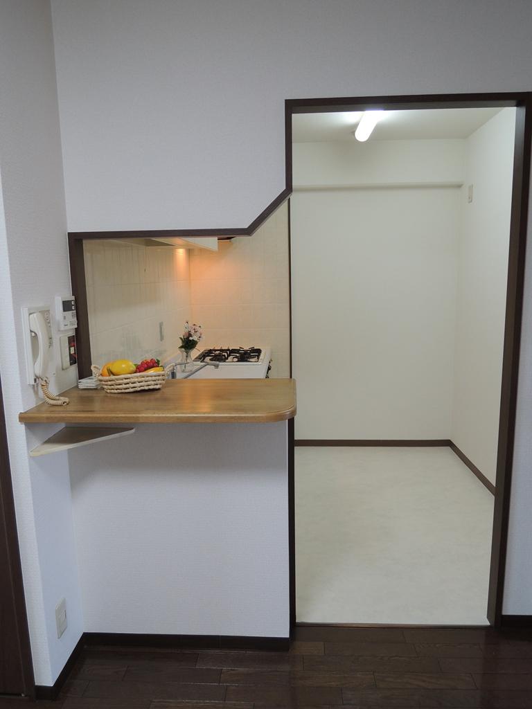 Kitchen. Gas cock under the counter. Perfect here also fan heater.