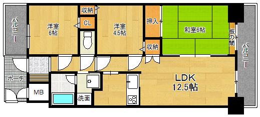 Floor plan. 3LDK, Price 20,600,000 yen, Occupied area 64.78 sq m , Balcony area 13.35 sq m