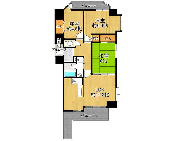 Floor plan. 3LDK, Price 18.5 million yen, Occupied area 66.49 sq m , Bright dwelling on the balcony area 14.8 sq m north-south two-sided balcony