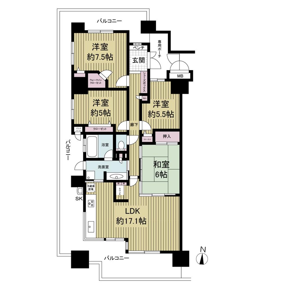 Floor plan. 3LDK, Price 33,800,000 yen, Occupied area 95.04 sq m , Balcony area 45.07 sq m