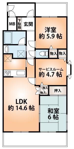 Floor plan. 2LDK, Price 20,600,000 yen, Occupied area 64.78 sq m , Each room is facing the outside on the balcony area 13.35 sq m square room.