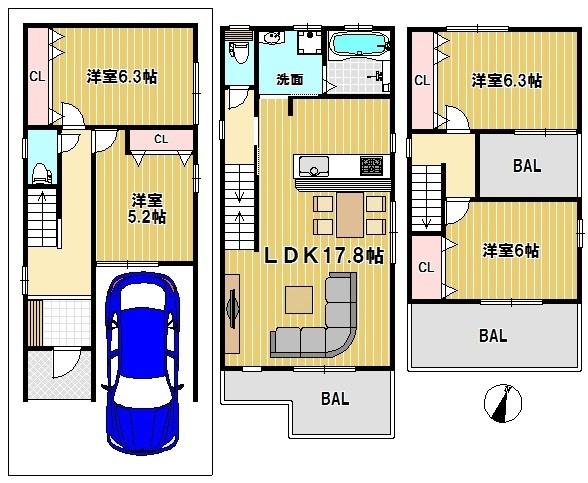 Floor plan. (No. 3 locations), Price 33,800,000 yen, 4LDK, Land area 63.14 sq m , Building area 100.44 sq m