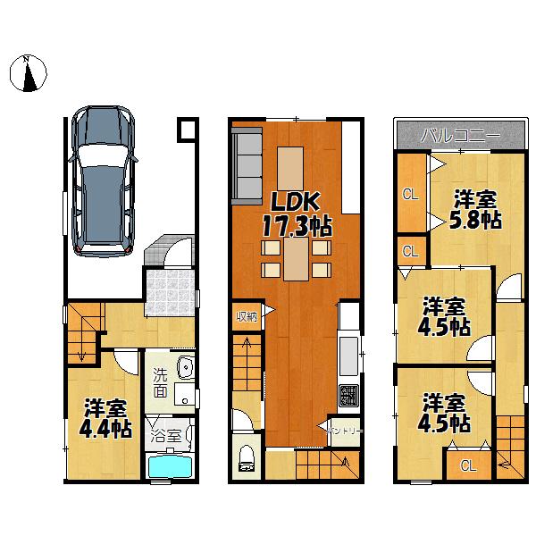 Compartment view + building plan example. Building plan example, Land price 8 million yen, Land area 48.28 sq m , Building price 16.8 million yen, Building area 87.12 sq m