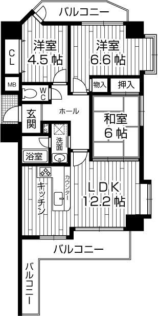 Floor plan. 3LDK, Price 18.5 million yen, Occupied area 66.49 sq m , Balcony area 14.8 sq m