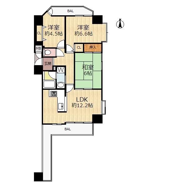Floor plan. 3LDK, Price 18.5 million yen, Occupied area 66.49 sq m , Balcony area 14.8 sq m