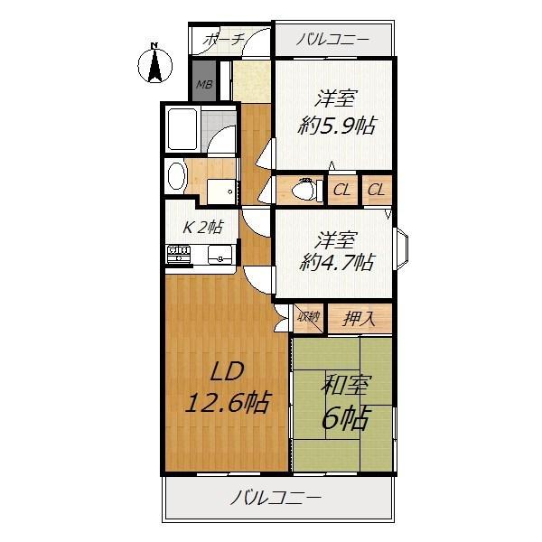 Floor plan. 3LDK, Price 20,600,000 yen, Occupied area 64.78 sq m , Balcony area 13.35 sq m southeast angle room! And many windows is refreshing.