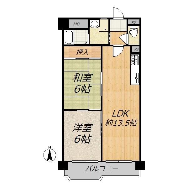 Floor plan. 2LDK, Price 10.8 million yen, Occupied area 54.64 sq m , Balcony area 7.22 sq m use easy 2LDK. The room is shiny.