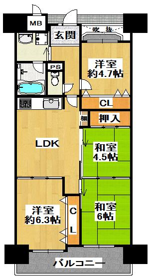 Floor plan. 4LDK, Price 13,750,000 yen, Occupied area 66.42 sq m , Balcony area 9.29 sq m