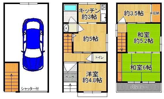 Floor plan. 9.8 million yen, 5K, Land area 44.08 sq m , Building area 92.48 sq m per sun is a good 3-storey house