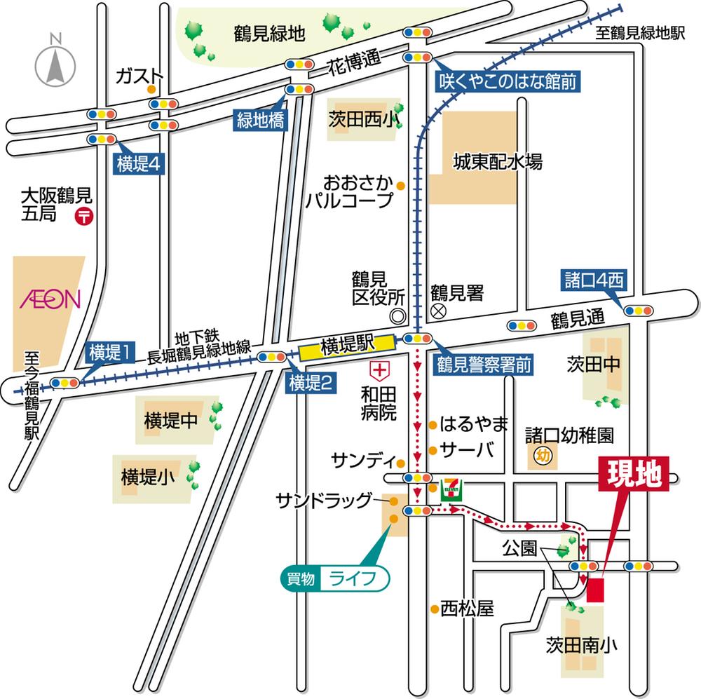 Local guide map. Subway Tsurumi-ryokuchi Line Ri within walking distance