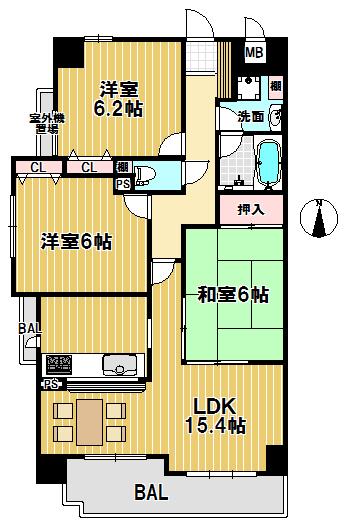 Floor plan. 3LDK, Price 22,300,000 yen, Occupied area 72.43 sq m , Balcony area 7.34 sq m