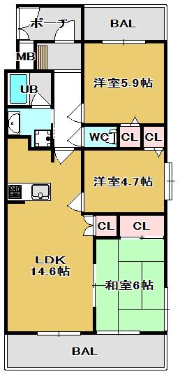 Floor plan. 3LDK, Price 20,600,000 yen, Occupied area 64.78 sq m , Balcony area 13.35 sq m