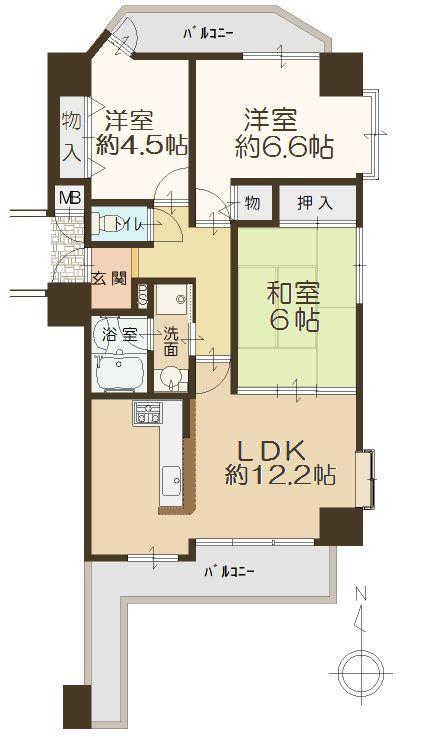 Floor plan. 3LDK, Price 18.5 million yen, Occupied area 66.49 sq m , Balcony area 14.8 sq m   [Floor plan]