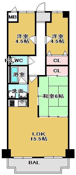 Floor plan. 3LDK, Price 13.8 million yen, Footprint 67.2 sq m , Balcony area 9.48 sq m south-facing bright rooms ☆