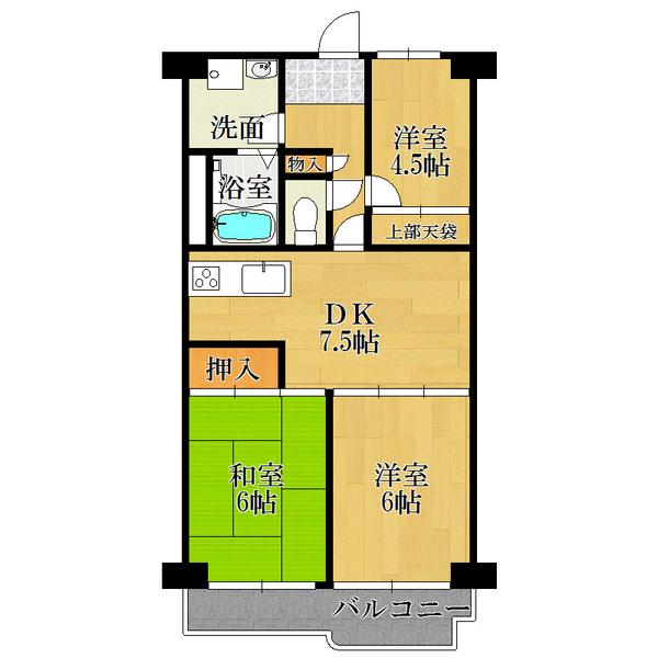 Floor plan. 3LDK, Price 13.8 million yen, Occupied area 53.76 sq m , Balcony area 7.45 sq m