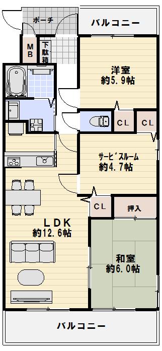 Floor plan. 2LDK + S (storeroom), Price 20,600,000 yen, Occupied area 64.78 sq m , Balcony area 13.35 sq m floor plan