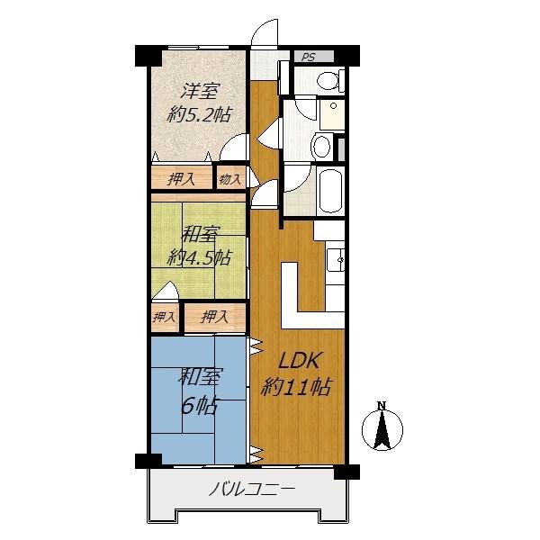 Floor plan. 3LDK, Price 16,900,000 yen, Footprint 61.6 sq m , Balcony area 8.7 sq m