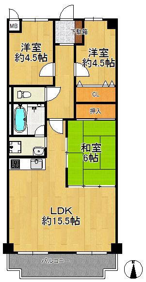 Floor plan. 3LDK, Price 13.8 million yen, Footprint 67.2 sq m , Balcony area 9.48 sq m LDK is spacious 15 tatami mats, Residence of 3LDK