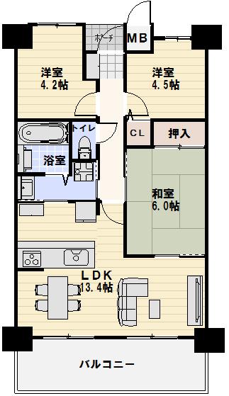 Floor plan. 3LDK, Price 18 million yen, Occupied area 60.85 sq m , Balcony area 9.6 sq m floor plan
