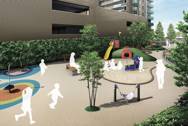 Shared facilities.  [Family Park] As children play full vigor, Wide Sand and is a community space to a variety of play equipment has been installed (Rendering)