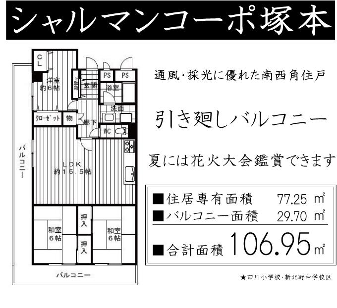 Floor plan. 3LDK, Price 12.3 million yen, Occupied area 77.25 sq m , Balcony area 29.7 sq m