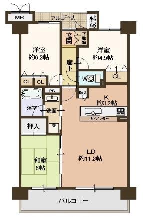 Floor plan. 3LDK, Price 19,800,000 yen, Footprint 66.6 sq m , Balcony area 12.16 sq m