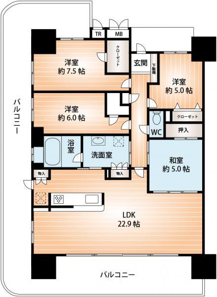 Floor plan. 4LDK, Price 32,400,000 yen, The area occupied 100.5 sq m , Balcony area 45.36 sq m area occupied 100 square meters more than the room.
