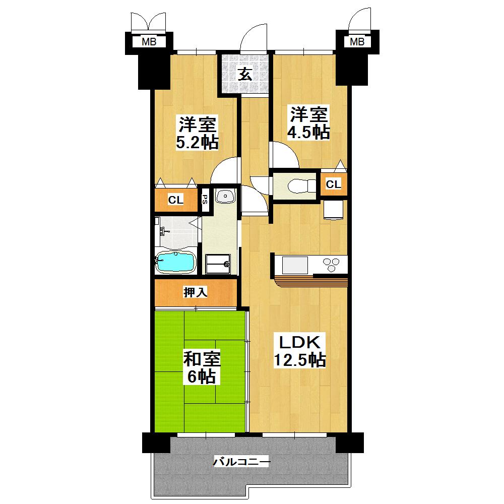 Floor plan. 3LDK, Price 12.8 million yen, Occupied area 59.85 sq m , Balcony area 9.93 sq m
