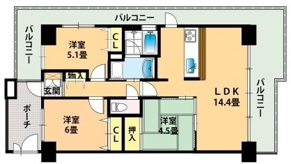 Floor plan. 3LDK, Price 21,800,000 yen, Occupied area 65.36 sq m , Balcony area 22.17 sq m