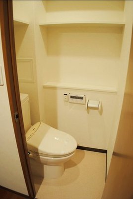 Toilet. Washlet is also attached, of course functional shelf
