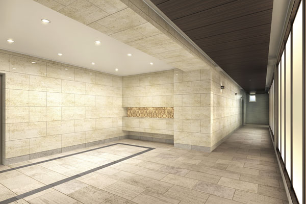 Shared facilities.  [Entrance hall] Entrance Hall to welcome those who arrive the way back, Light and open space coordination based on beige is bright coming through large openings. Using lime stone with a rich texture abundantly wall and chic brown ceiling, such as, It entertained those who magnificent design feel the pride that live in the city dwelling (Rendering)