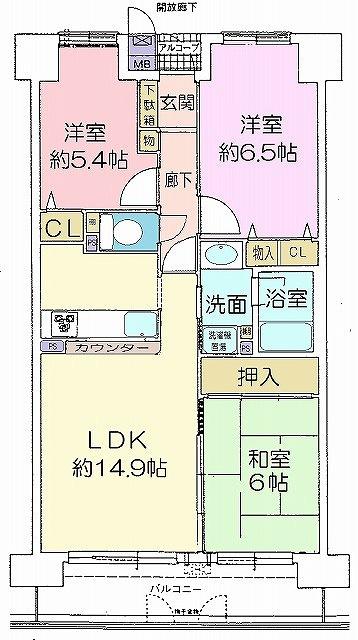 Floor plan. 3LDK, Price 22,300,000 yen, Occupied area 69.71 sq m , Balcony area 9.45 sq m