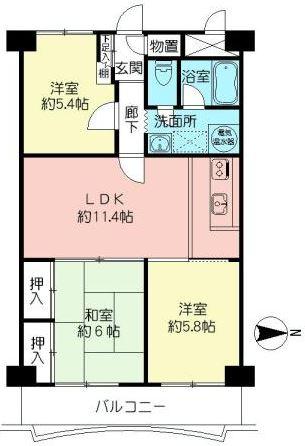 Floor plan. 3LDK, Price 15 million yen, Footprint 63 sq m , Balcony area 7.56 sq m