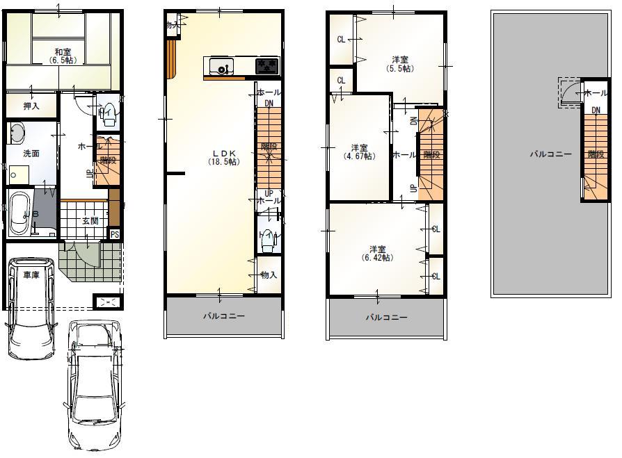 Floor plan. 34,800,000 yen, 4LDK, Land area 69.38 sq m , Building area 107.17 sq m newly built one detached Equipped with roof garden standard