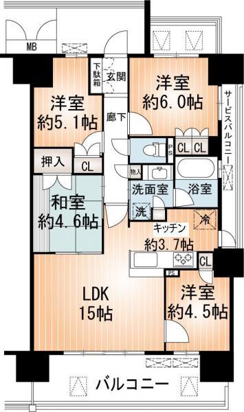 Floor plan. 4LDK, Price 27,900,000 yen, Footprint 74.7 sq m , Local floor plan of the balcony area 16.77 sq m 4LDK