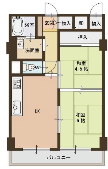 Floor plan. 2DK, Price 6.5 million yen, Footprint 46.4 sq m , Balcony area 5.57 sq m