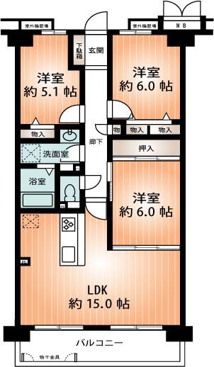 Floor plan. 3LDK, Price 24.6 million yen, Footprint 72 sq m , Balcony area 9.6 sq m spacious 3LDK / 72 sq m