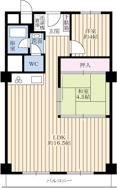 Floor plan. 2LDK, Price 6.8 million yen, Occupied area 58.28 sq m , Spacious LDK of about 16.5 Pledge on the balcony area 5.27 sq m south-facing