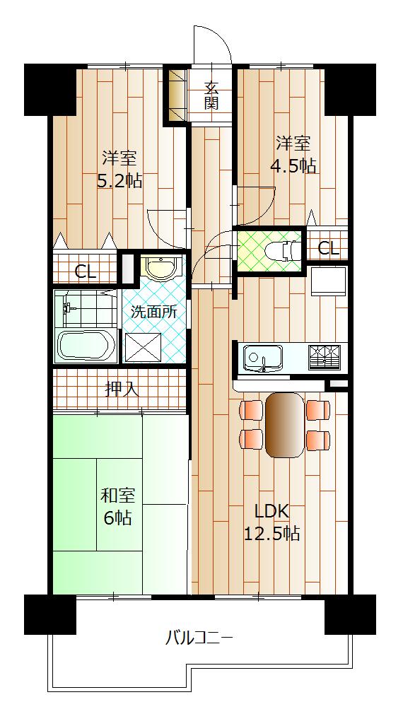 Floor plan. 3LDK, Price 12.8 million yen, Occupied area 59.85 sq m , Balcony area 9.93 sq m Western-style ・ LDK part is the flooring