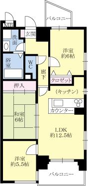 Floor plan. 3LDK, Price 19.6 million yen, Occupied area 64.87 sq m , Yang per good on the balcony area 9.16 sq m north-south two-sided balcony & corner room!