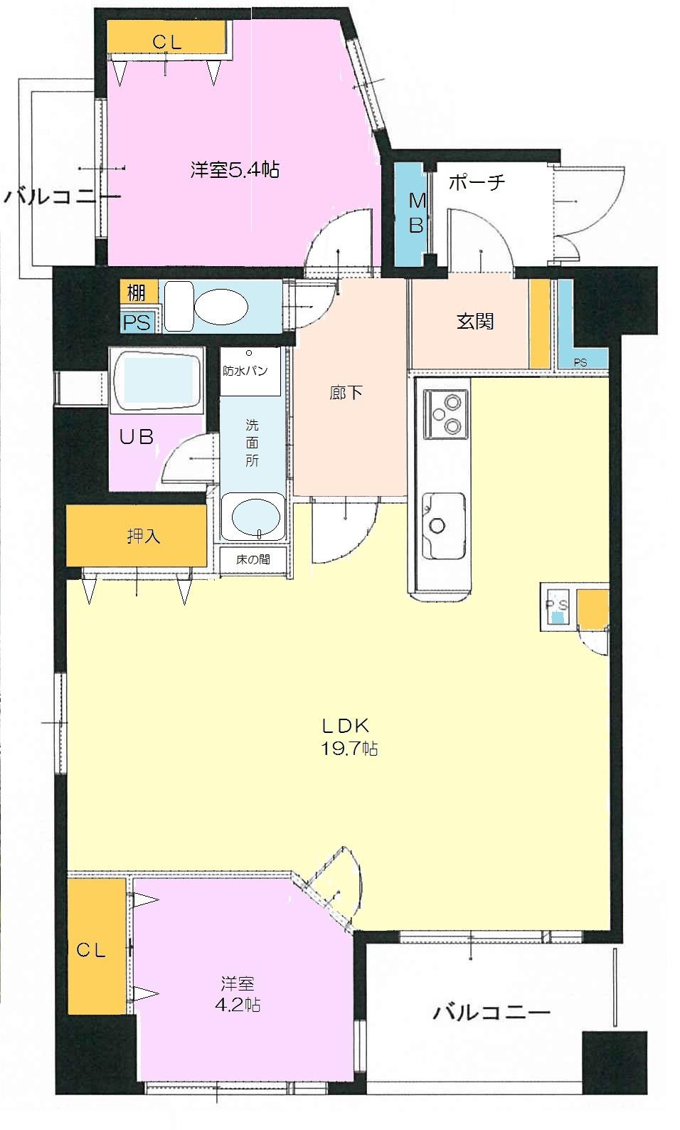 Floor plan. 2LDK, Price 24,800,000 yen, Occupied area 68.68 sq m , Balcony area 14.63 sq m
