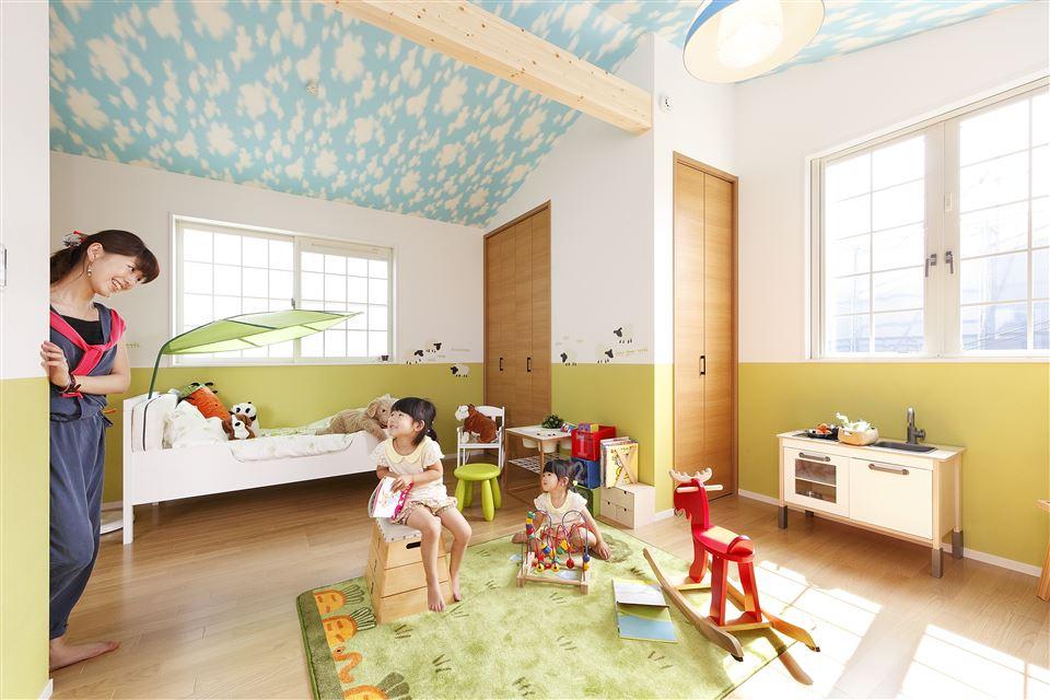 Model house photo.  [Model house] Children's room is, Designed to Tsukamatsukireru so in two future. You can flexibly in accordance with the growth of the child. In so joyful atmosphere simply by changing the wallpaper.