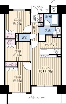 Floor plan. 3LDK, Price 21,800,000 yen, Occupied area 57.48 sq m , Balcony area 8.83 sq m