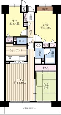 Floor plan. 3LDK, Price 22,300,000 yen, Occupied area 69.71 sq m , Balcony area 9.45 sq m southeast of the room