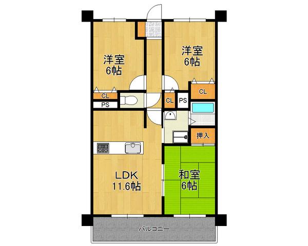 Floor plan. 3LDK, Price 18.1 million yen, Footprint 60.9 sq m , Balcony area 9.86 sq m all room 6 tatami mats or more, Spacious living space with storage space ☆