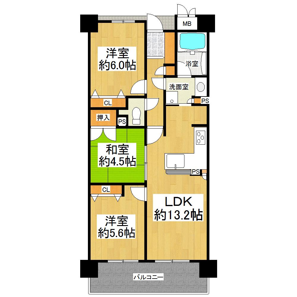 Floor plan. 3LDK, Price 19.3 million yen, Occupied area 64.54 sq m , Balcony area 10.44 sq m