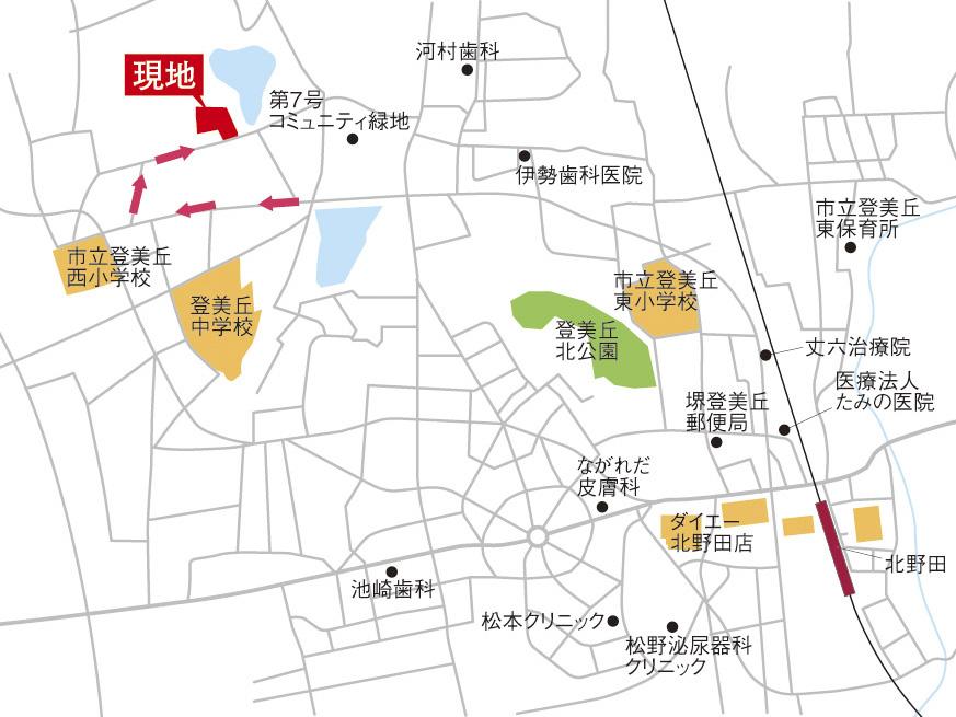 Local guide map. Tomi hill Nishi Elementary School is a 5-minute walk, Tomi Okahigashi kindergarten ・ Tomi hill junior high school also in 9 minutes with the (700m), The city of the rich educational environment attractive Local guide map