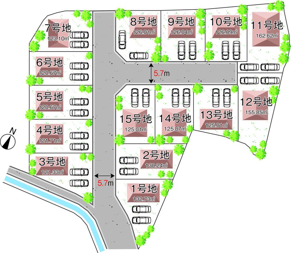 The entire compartment Figure. Sense of openness in the spacious 5m or more of the front road ・ Preeminent in both day. The same generation of your neighborhood Zukiai also happy.